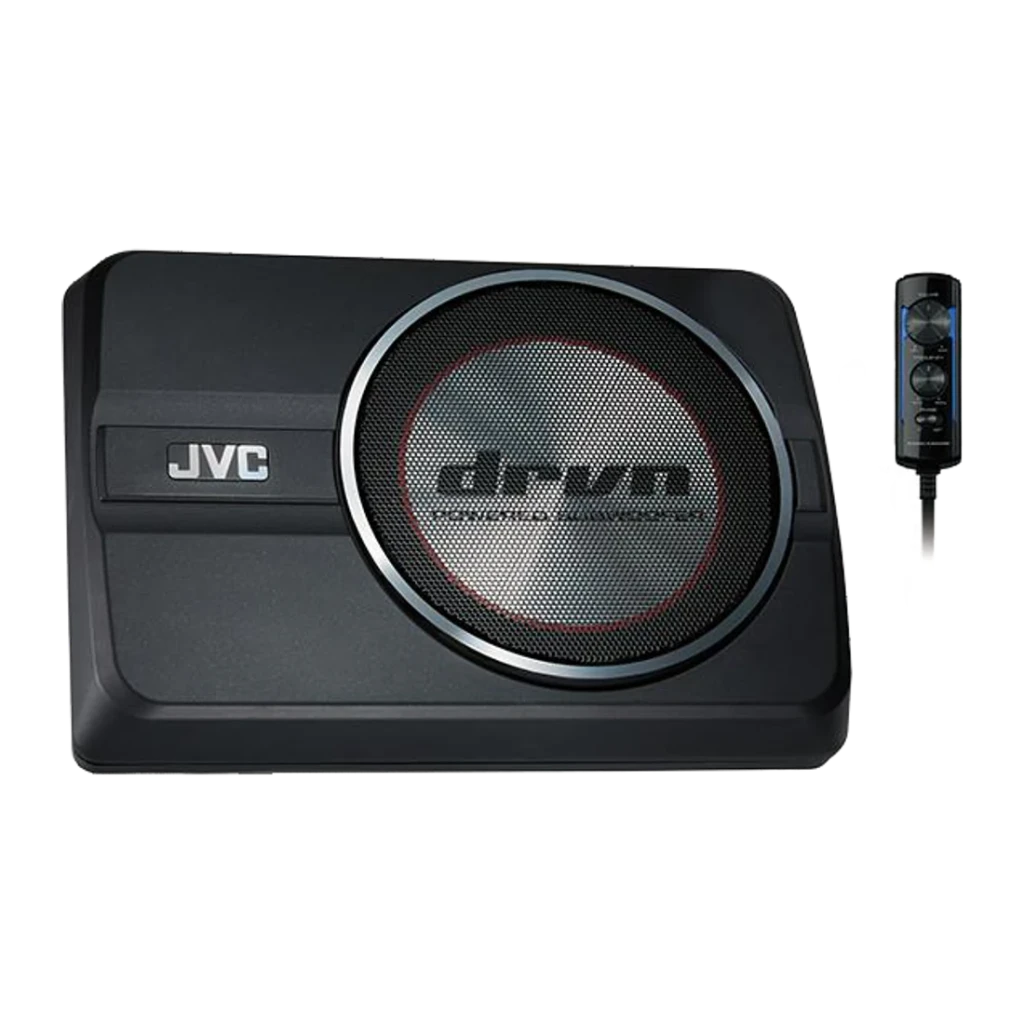 Subwoofer voiture JVC 8 pouces 150W RMS Noir CW-DRA8, détail: caisson compact avec grille métallique et télécommande incluse