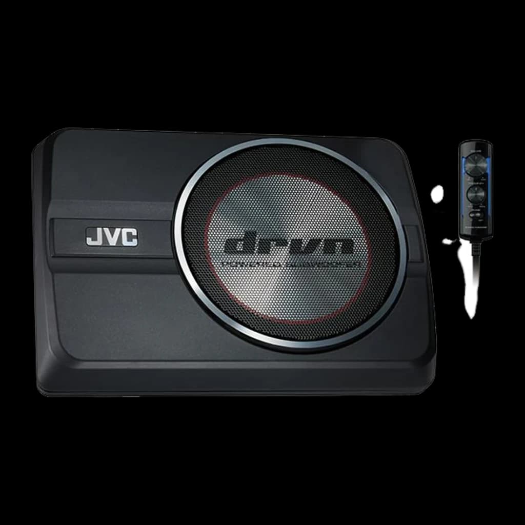 Subwoofer voiture JVC 8 pouces 150W RMS Noir CW-DRA8, détail: caisson compact avec grille métallique et télécommande incluse