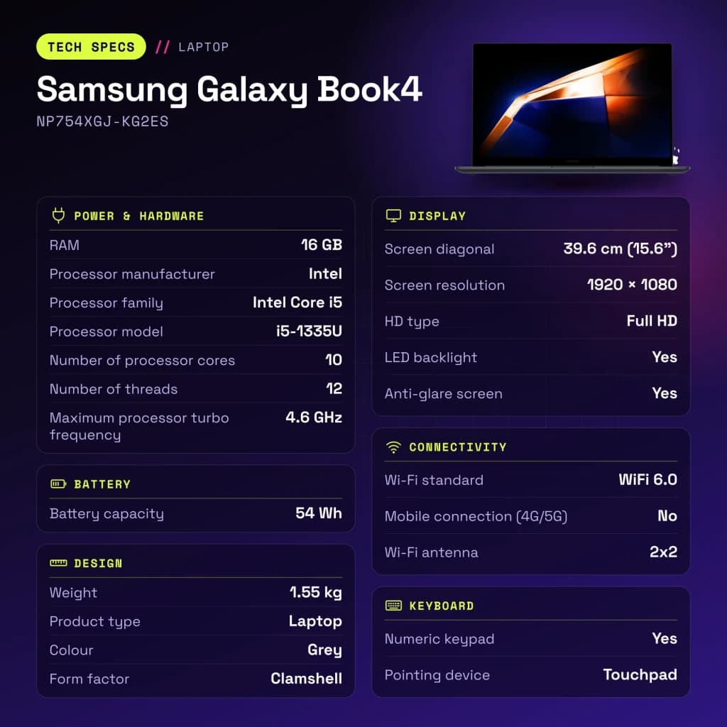 Portátil Samsung Galaxy Book4 16GB/512GB 15,6 pulgadas FHD Intel Core i5-1335U NVMe Windows 11 Pro Gris NP754XGJ-KG2ES - características