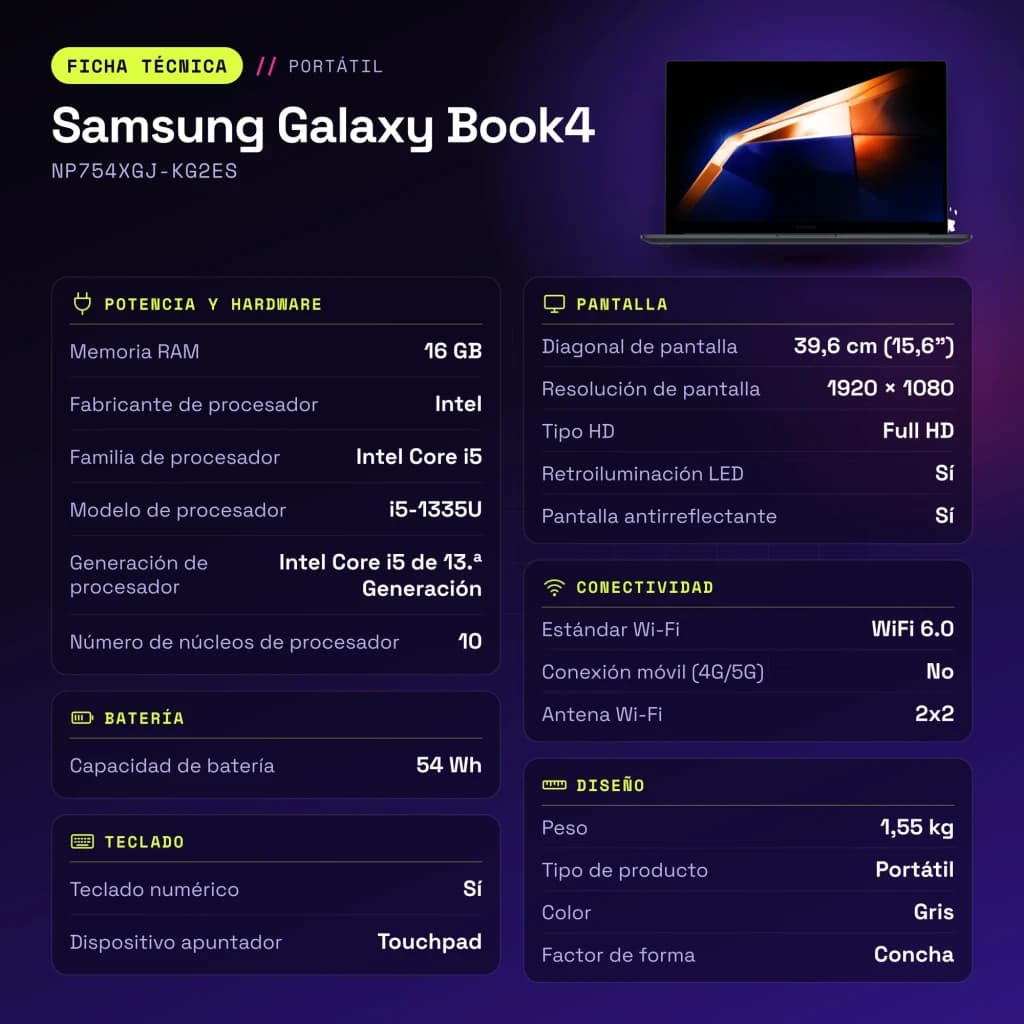 Portátil Samsung Galaxy Book4 16GB/512GB 15,6 pulgadas FHD Intel Core i5-1335U NVMe Windows 11 Pro Gris NP754XGJ-KG2ES - características