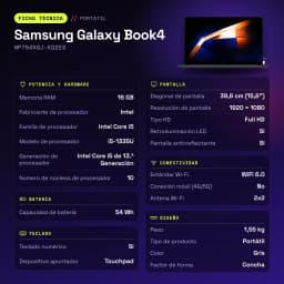 Portátil Samsung Galaxy Book4 16GB/512GB 15,6 pulgadas FHD Intel Core i5-1335U NVMe Windows 11 Pro Gris NP754XGJ-KG2ES - características