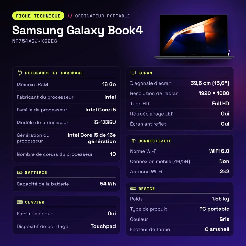 Portátil Samsung Galaxy Book4 16GB/512GB 15,6 pulgadas FHD Intel Core i5-1335U NVMe Windows 11 Pro Gris NP754XGJ-KG2ES - características