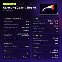 Portátil Samsung Galaxy Book4 16GB/512GB 15,6 pulgadas FHD Intel Core i5-1335U NVMe Windows 11 Pro Gris NP754XGJ-KG2ES - características