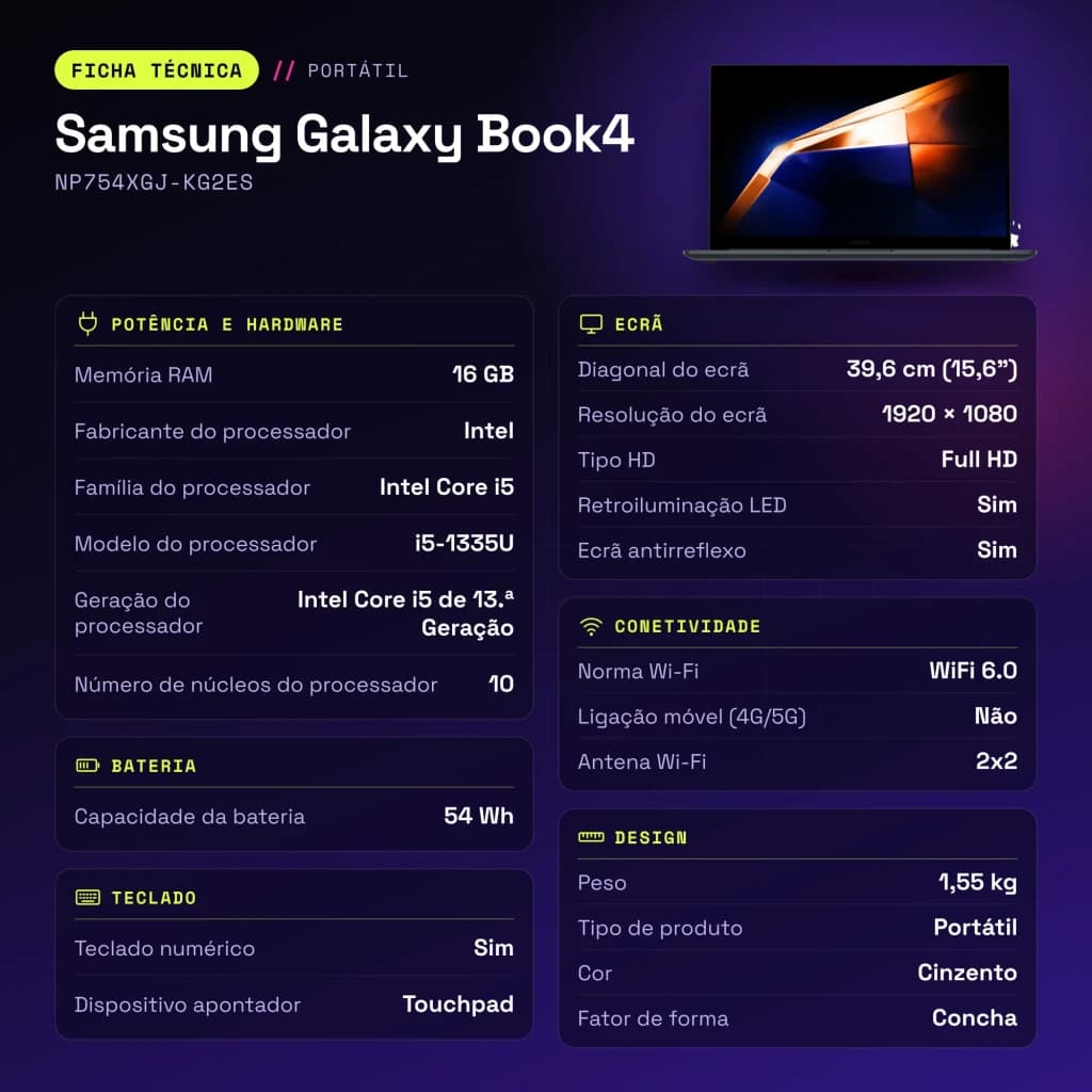 Portátil Samsung Galaxy Book4 16GB/512GB 15,6 pulgadas FHD Intel Core i5-1335U NVMe Windows 11 Pro Gris NP754XGJ-KG2ES - características