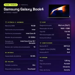 Portátil Samsung Galaxy Book4 16GB/512GB 15,6 pulgadas FHD Intel Core i5-1335U NVMe Windows 11 Pro Gris NP754XGJ-KG2ES - características