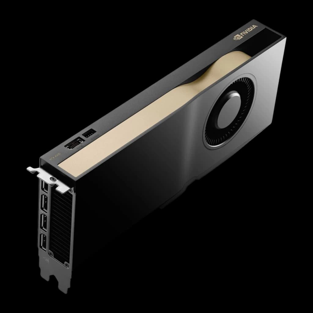 Lenovo RTX 4500 Ada 24 Go GDDR6 Noir, vue de face: carter noir avec bande dorée, ventilateur radial et 4 sorties DisplayPort