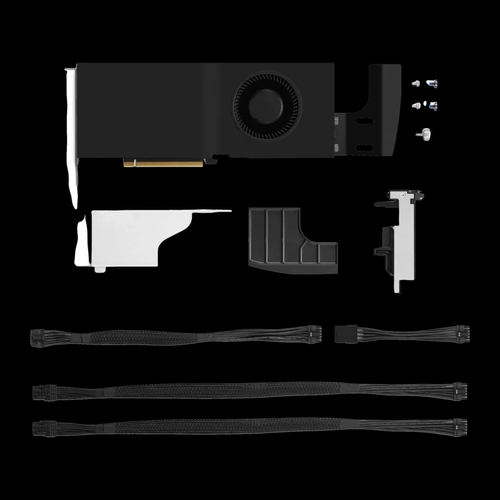 Lenovo RTX 4500 Ada 24 Go GDDR6 Noir, détail: carte avec ventilateur, équerre, adaptateurs et câbles d'alimentation inclus
