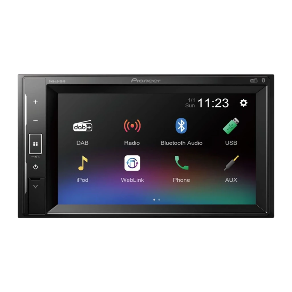 Autorradio Pioneer Negro 6.2 pulgadas Táctil 2 DIN DMH-A240DAB, vista frontal: pantalla con iconos DAB, Radio, Bluetooth
