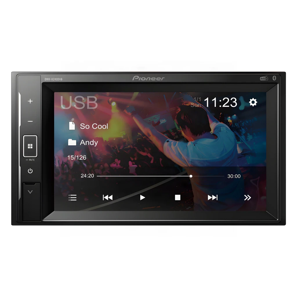 Autorradio Pioneer Negro 6.2 pulgadas Táctil 2 DIN DMH-A240DAB, vista frontal: pantalla con reproducción USB activa