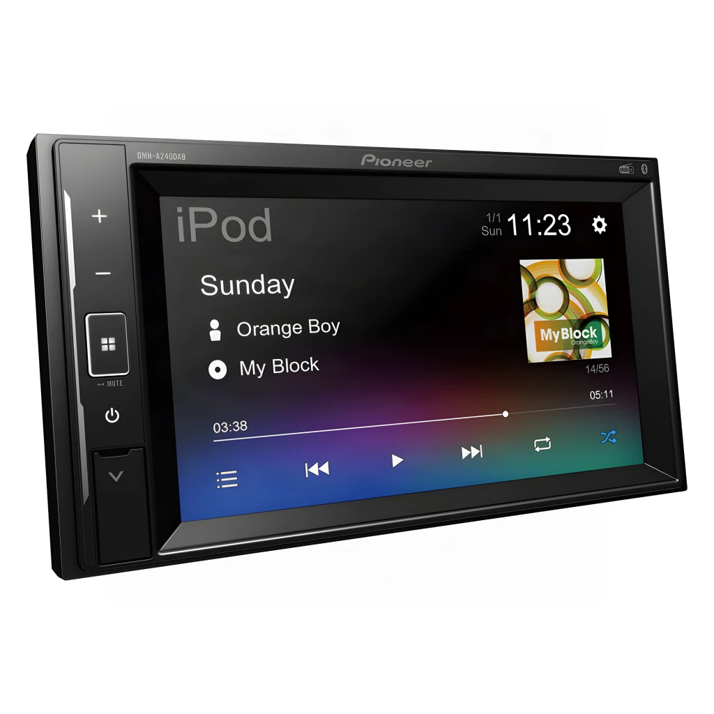 Autorradio Pioneer Negro 6.2 pulgadas Táctil 2 DIN DMH-A240DAB, vista en ángulo: pantalla con interfaz iPod y controles