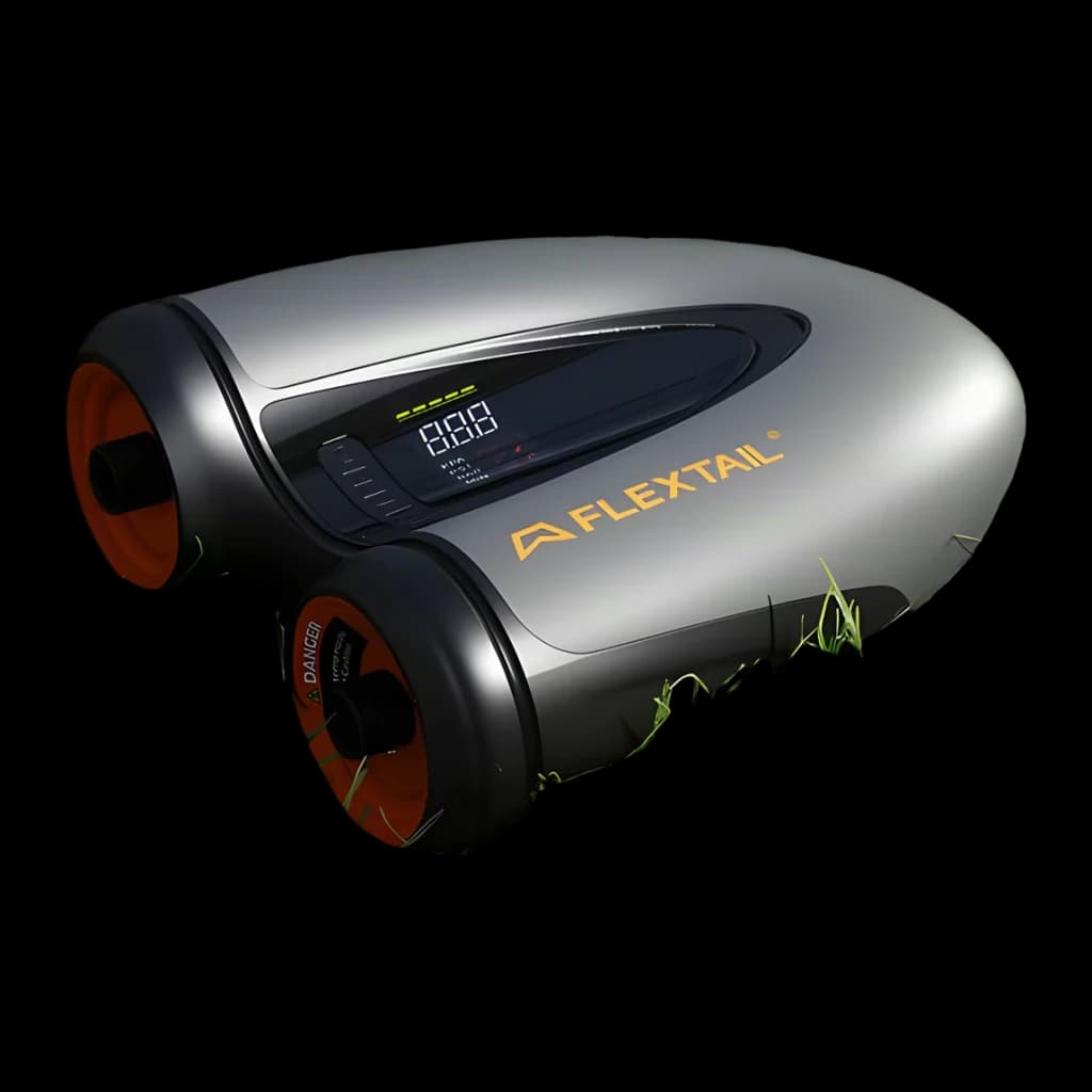 Bomba Elétrica Flextail Evo SUP Pump Pro Cinzento, detalhe: ecrã digital LED e logo Flextail com bocais de ar laranja