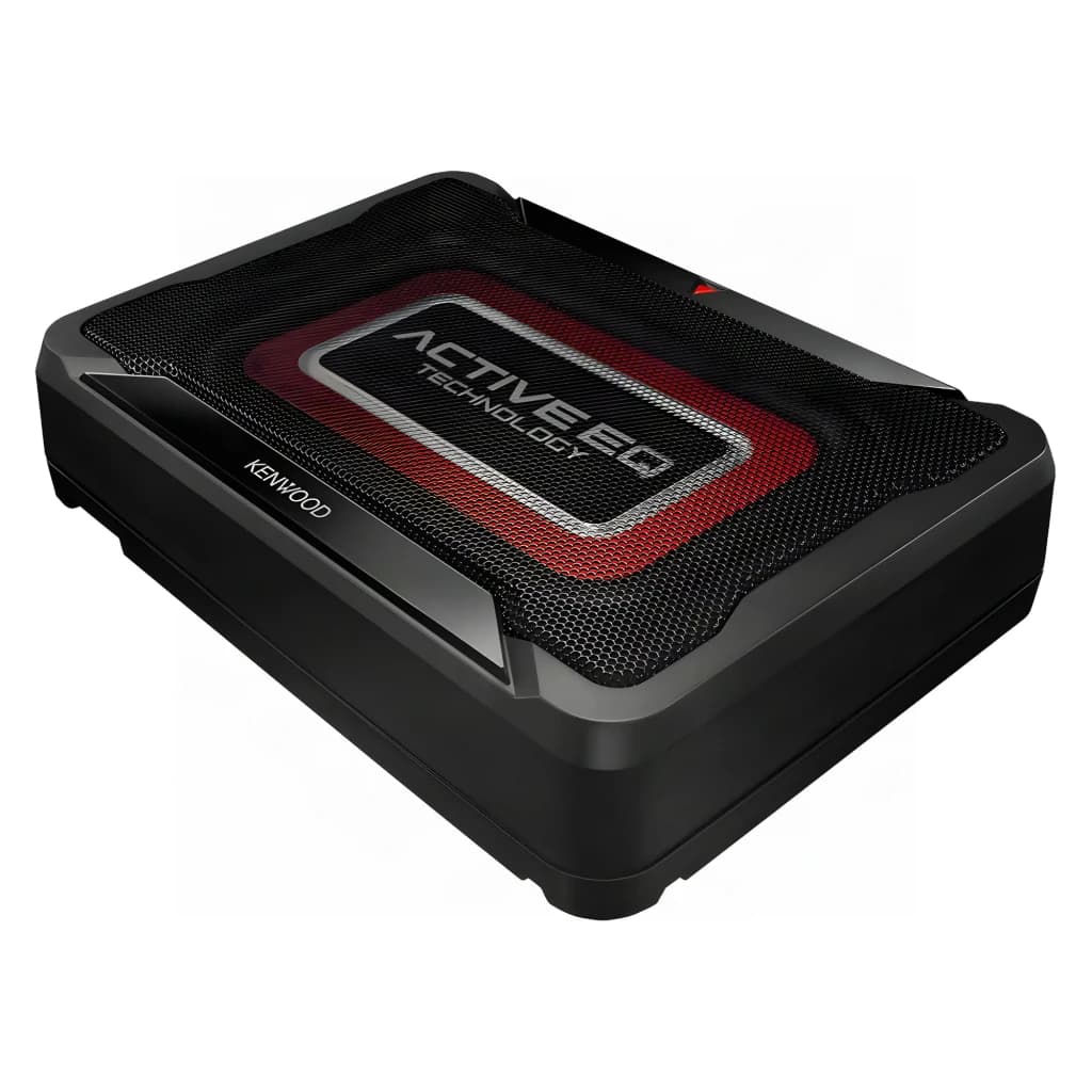 Caisson de basse voiture Kenwood Actif Classe D 160W RMS Noir KSC-PSW7EQ, vue en perspective: boîtier plat noir avec grille