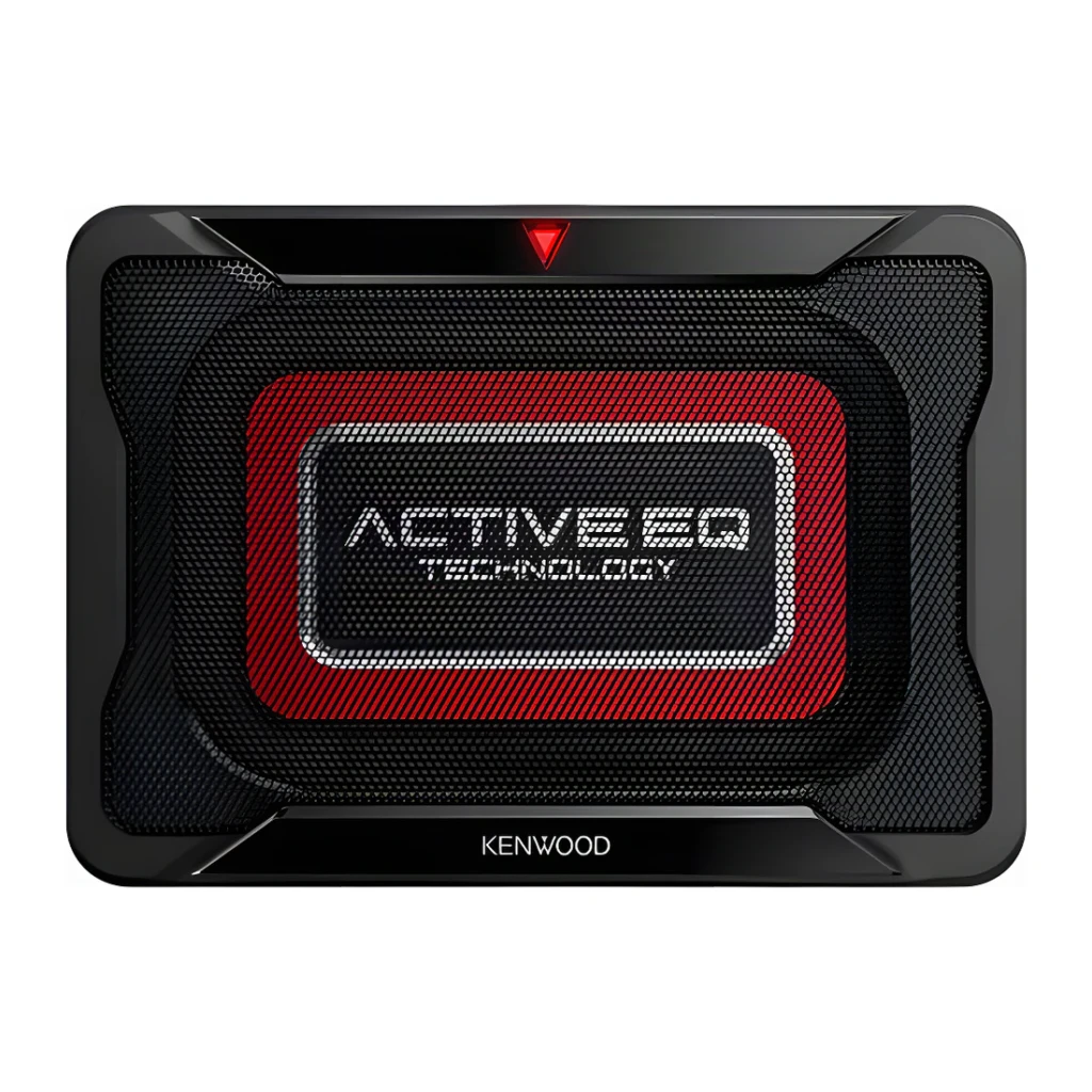 Caisson de basse voiture Kenwood Actif Classe D 160W RMS Noir KSC-PSW7EQ, vue de face: grille noire avec panneau rouge