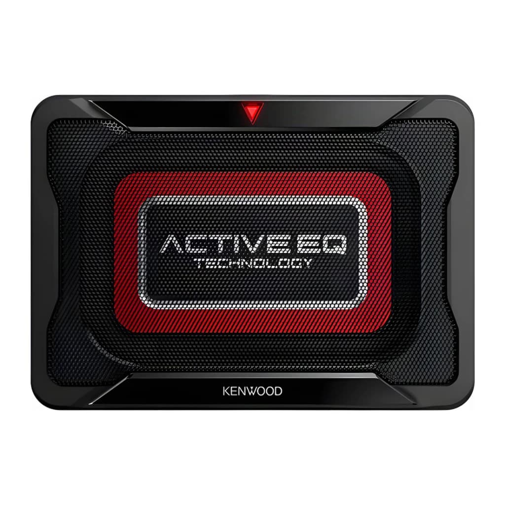 Caisson de basse voiture Kenwood Actif Classe D 160W RMS Noir KSC-PSW7EQ, vue de face: grille noire avec panneau rouge