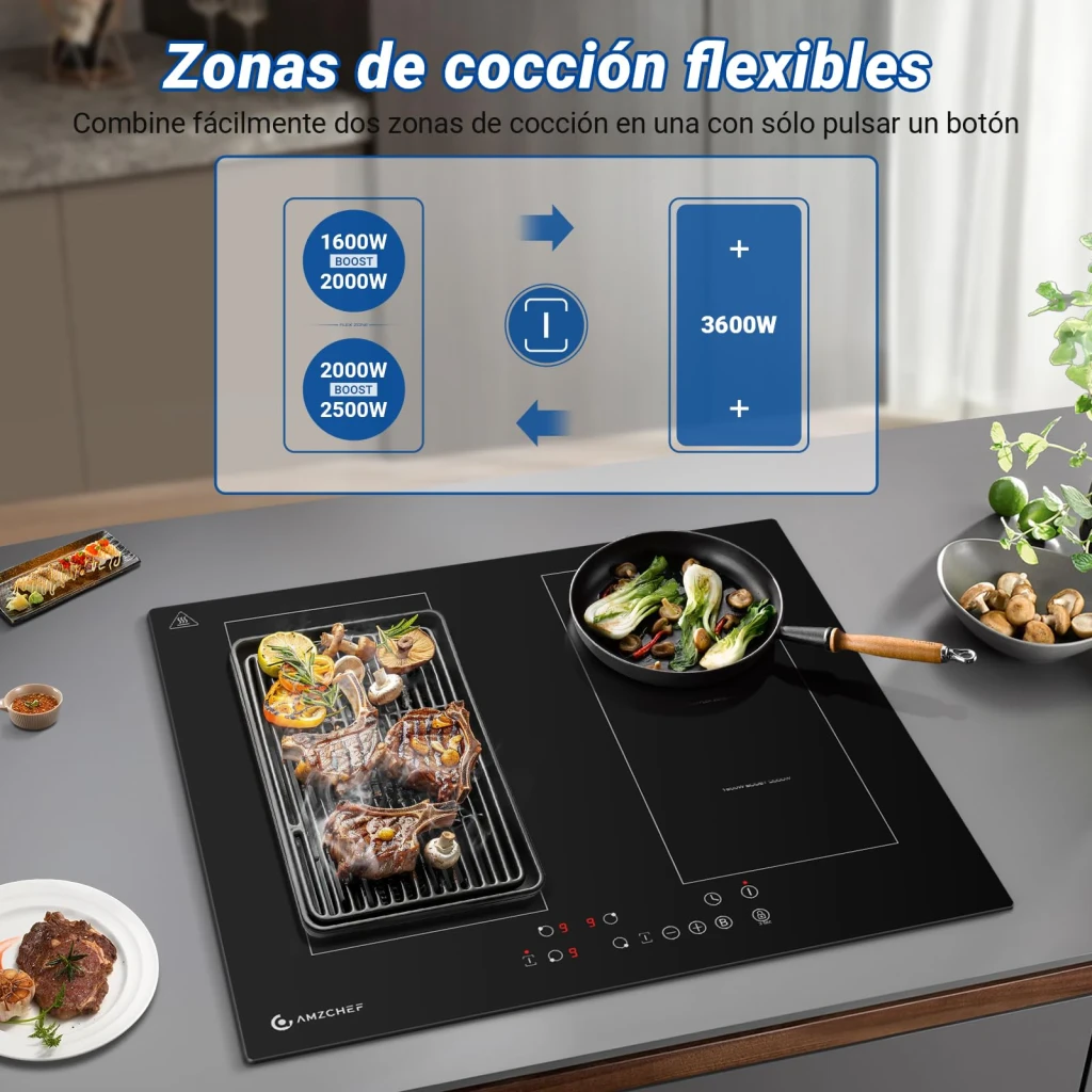 Placa de inducción Amzchef 7200W Negro CE-FS-I72S-FFDD06, infografía: zonas flexibles combinables en 3600W con plancha