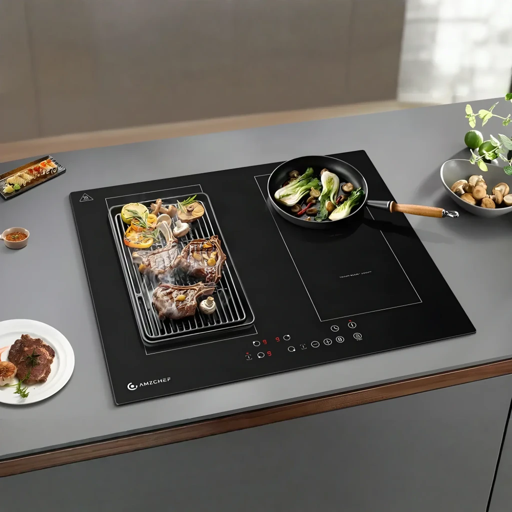 Placa de inducción Amzchef 7200W Negro CE-FS-I72S-FFDD06, en uso: plancha con carne y verduras a la izquierda, sartén