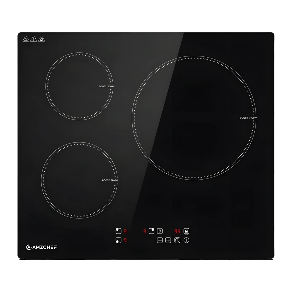 Placa de inducción Amzchef 7400W 3 Zonas Negro CE-T-74IB3xyzf-CS, vista frontal: superficie vitrocerámica negra con 3 zonas