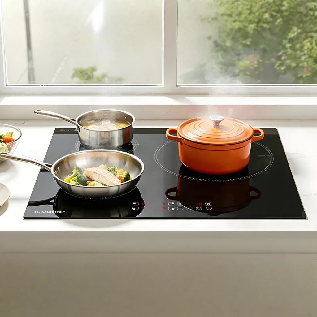 Placa de inducción Amzchef 7400W 3 Zonas Negro CE-T-74IB3xyzf-CS, en uso: 3 zonas activas con sartén, cazo y cocotte naranja