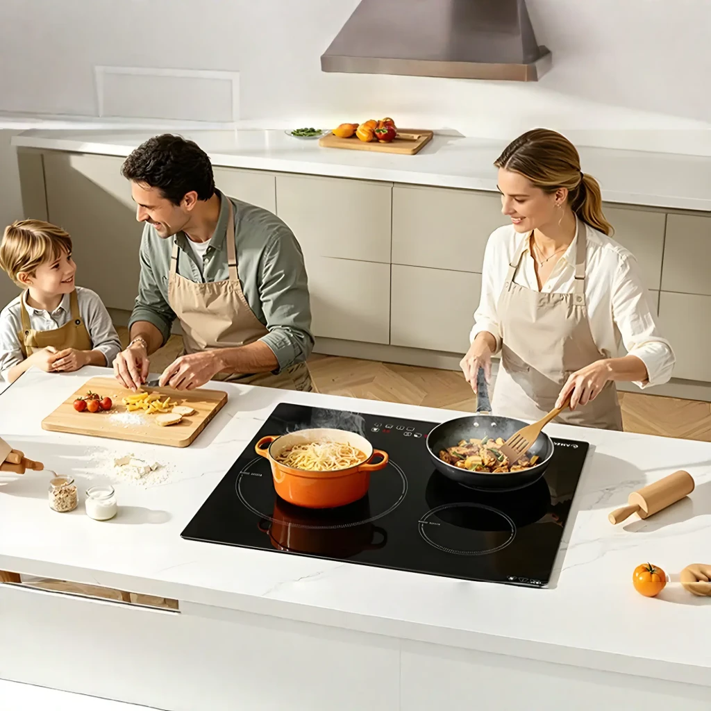 Placa de inducción Amzchef 7400W 3 Zonas Negro CE-T-74IB3xyzf-CS, en uso: familia cocinando con cazuela naranja y sartén