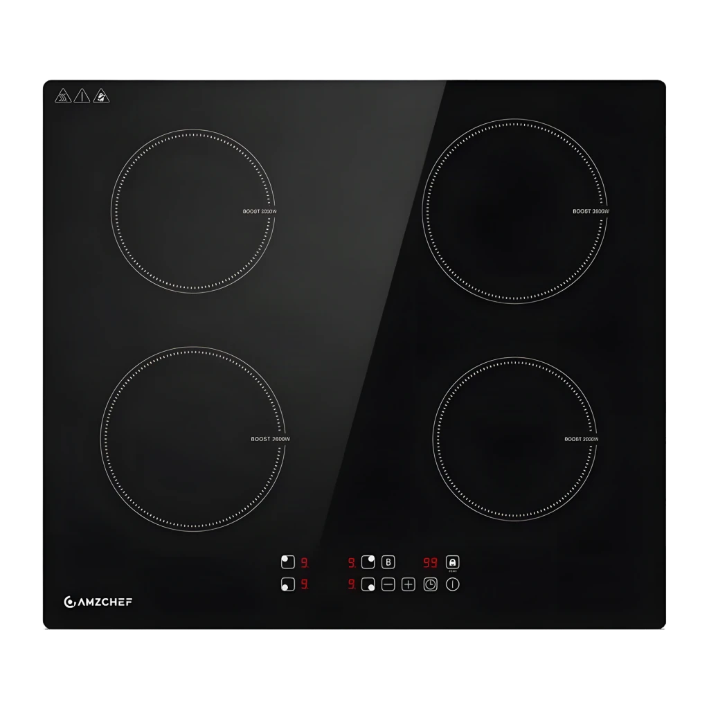 Placa de inducción Amzchef 7400W 4 zonas Negro CE-T-74IB4XYZF-CS, vista frontal: vitrocerámica negra con 4 zonas circulares