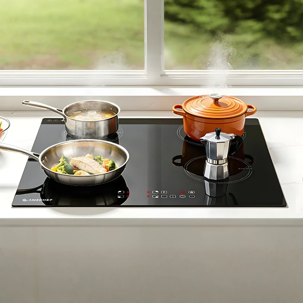 Placa de inducción Amzchef 7400W 4 zonas Negro CE-T-74IB4XYZF-CS, en uso: sartén con verduras, cazo y cocotte naranja