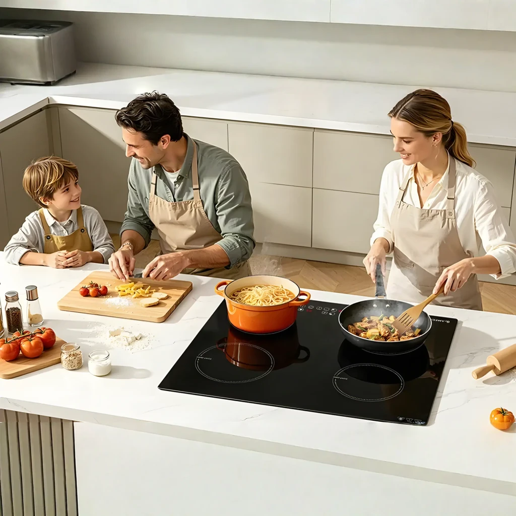 Placa de inducción Amzchef 7400W 4 zonas Negro CE-T-74IB4XYZF-CS, en uso: familia cocinando con cazuela naranja y sartén