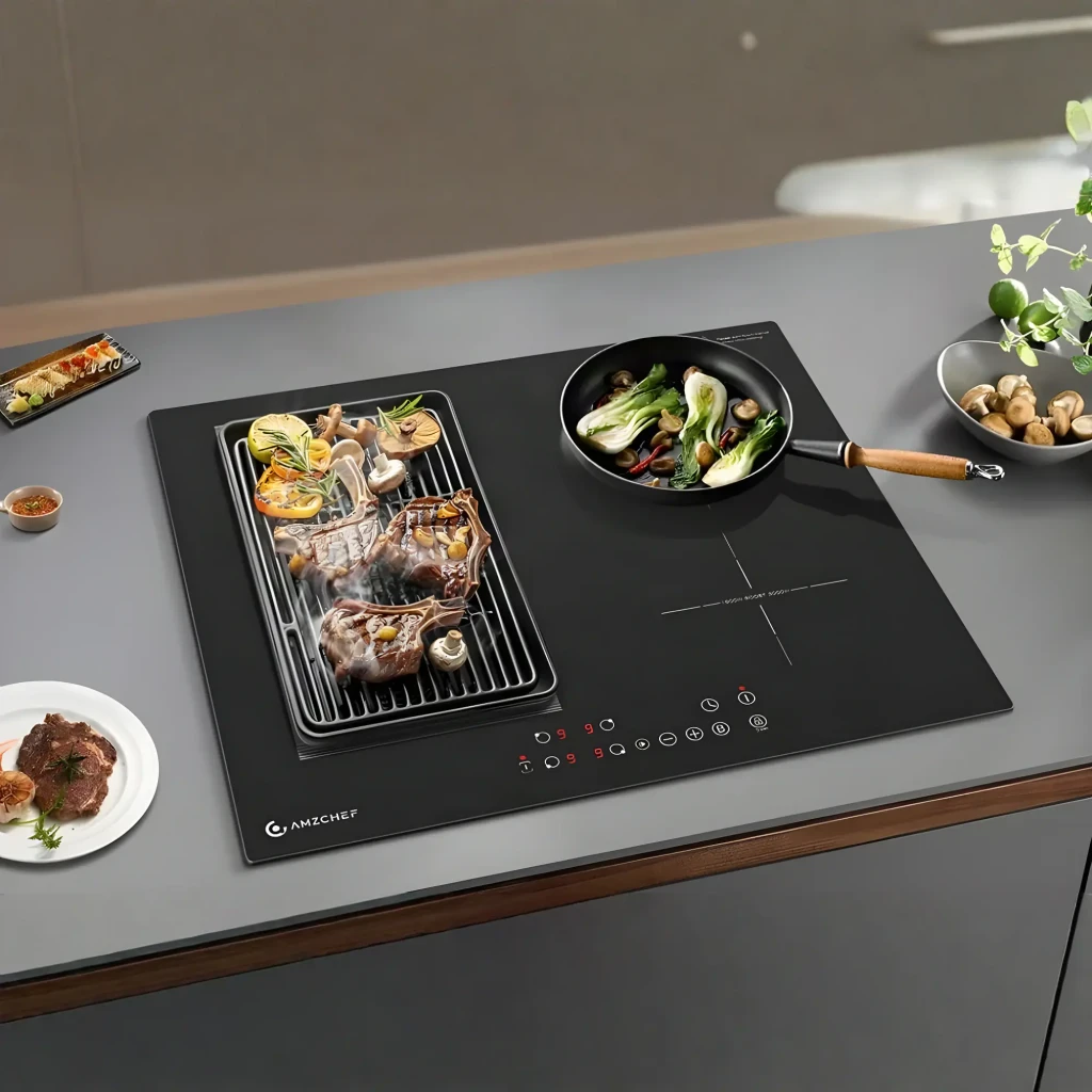Placa de inducción Amzchef 7200W 4 zonas Flex Zone Negro CE-FS-I72S-FFDD07, en uso: plancha grill con carne y verduras