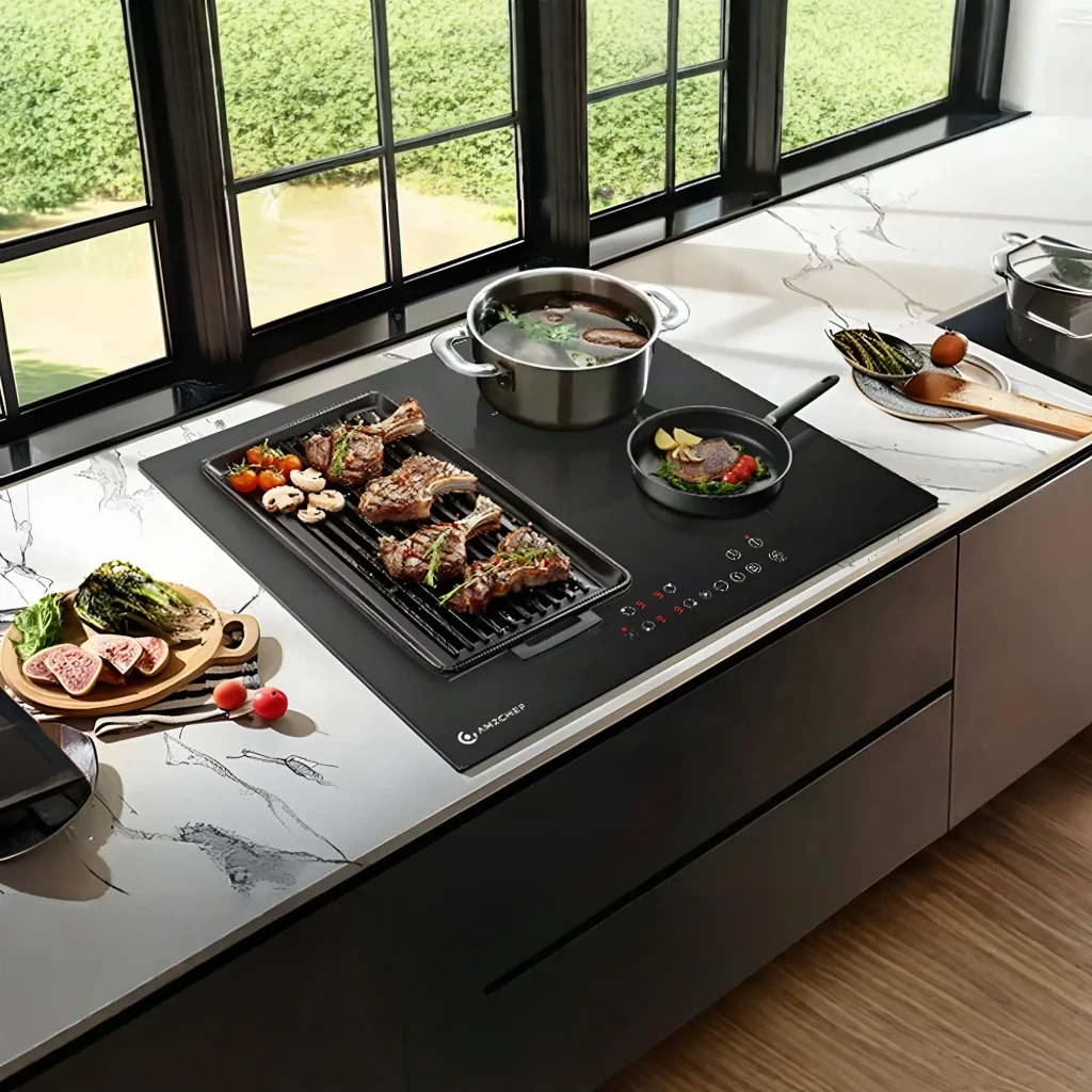 Placa de inducción Amzchef 7200W 4 zonas Flex Zone Negro CE-FS-I72S-FFDD07, en uso: plancha con costillas y sartén