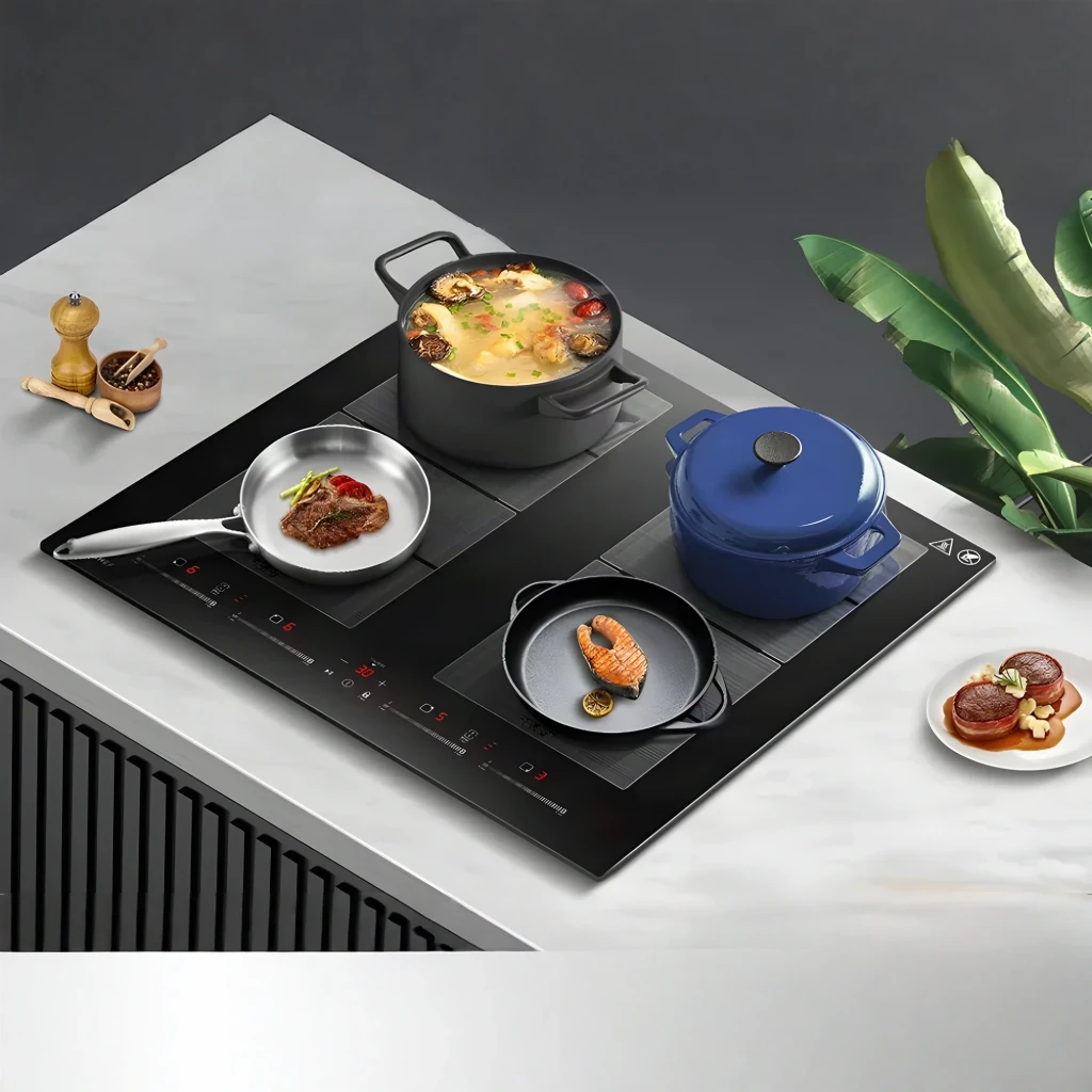 Placa de inducción Amzchef Función Boost 7400W Negro CE-FS-I74S-FFDD10, en uso: 4 zonas activas con olla, sartén y cazuela