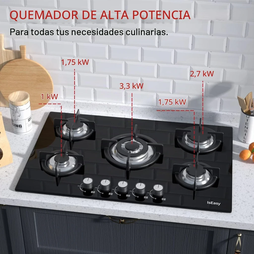 Placa de gas Iseasy 1×1kW, 2×1,75kW, 1×2,7kW, 1×3,3kW Negro MGBG-775, infografía: 5 quemadores etiquetados con su potencia