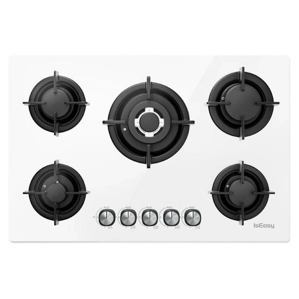 Placa de gas Iseasy 10,5 kW Blanco MGBG-775, vista frontal: 5 quemadores negros sobre cristal blanco y 5 mandos