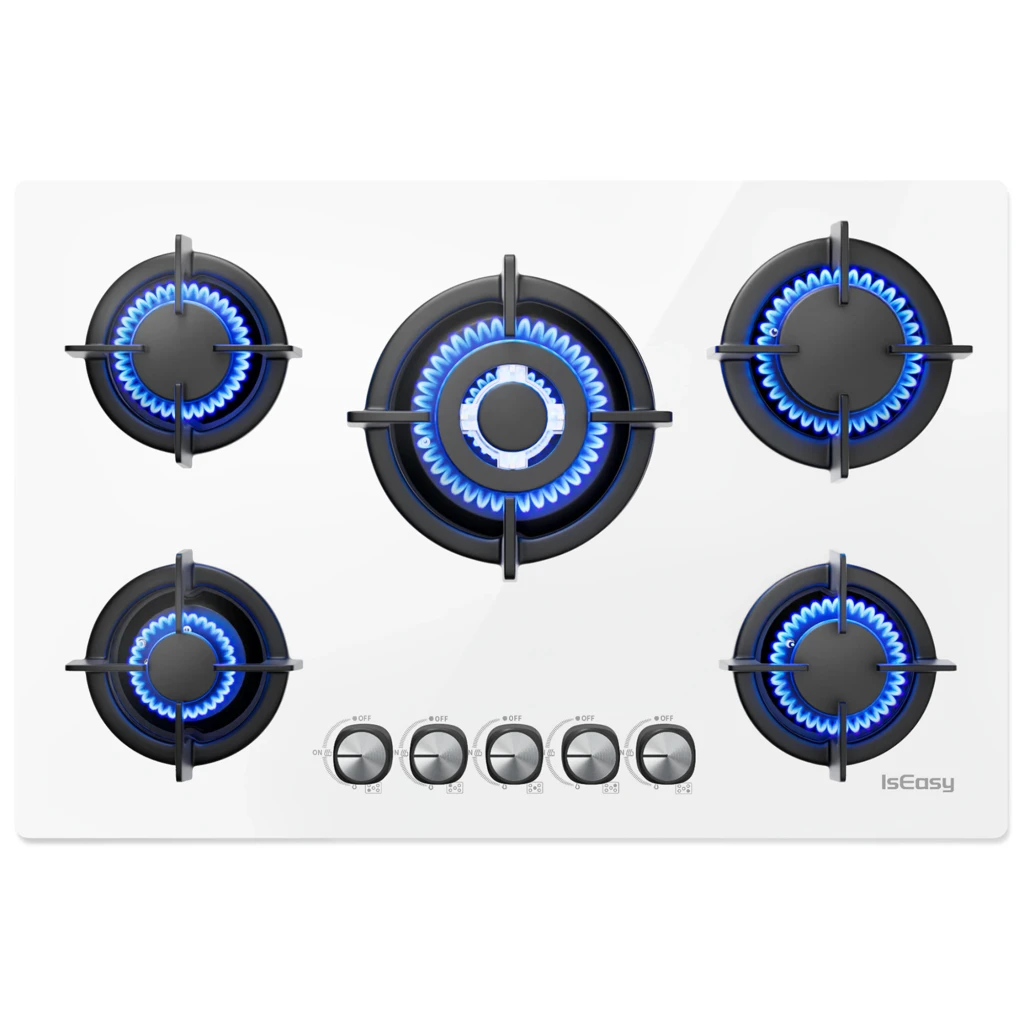 Placa de gas Iseasy 10,5 kW Blanco MGBG-775, detalle: vista cenital con 5 quemadores encendidos en llama azul y 5 mandos