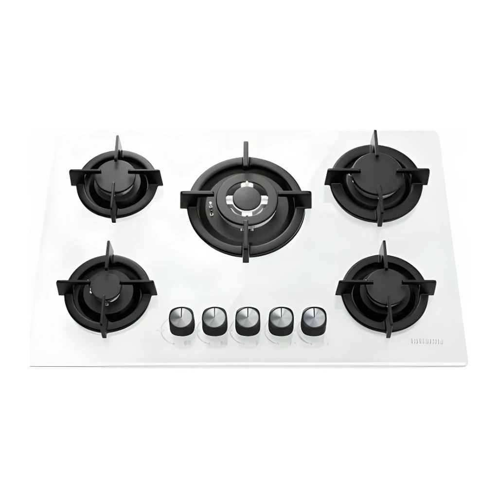 Placa de gas Iseasy 10,5 kW Blanco MGBG-775, detalle: vista cenital de 5 quemadores negros y 5 mandos en cristal blanco