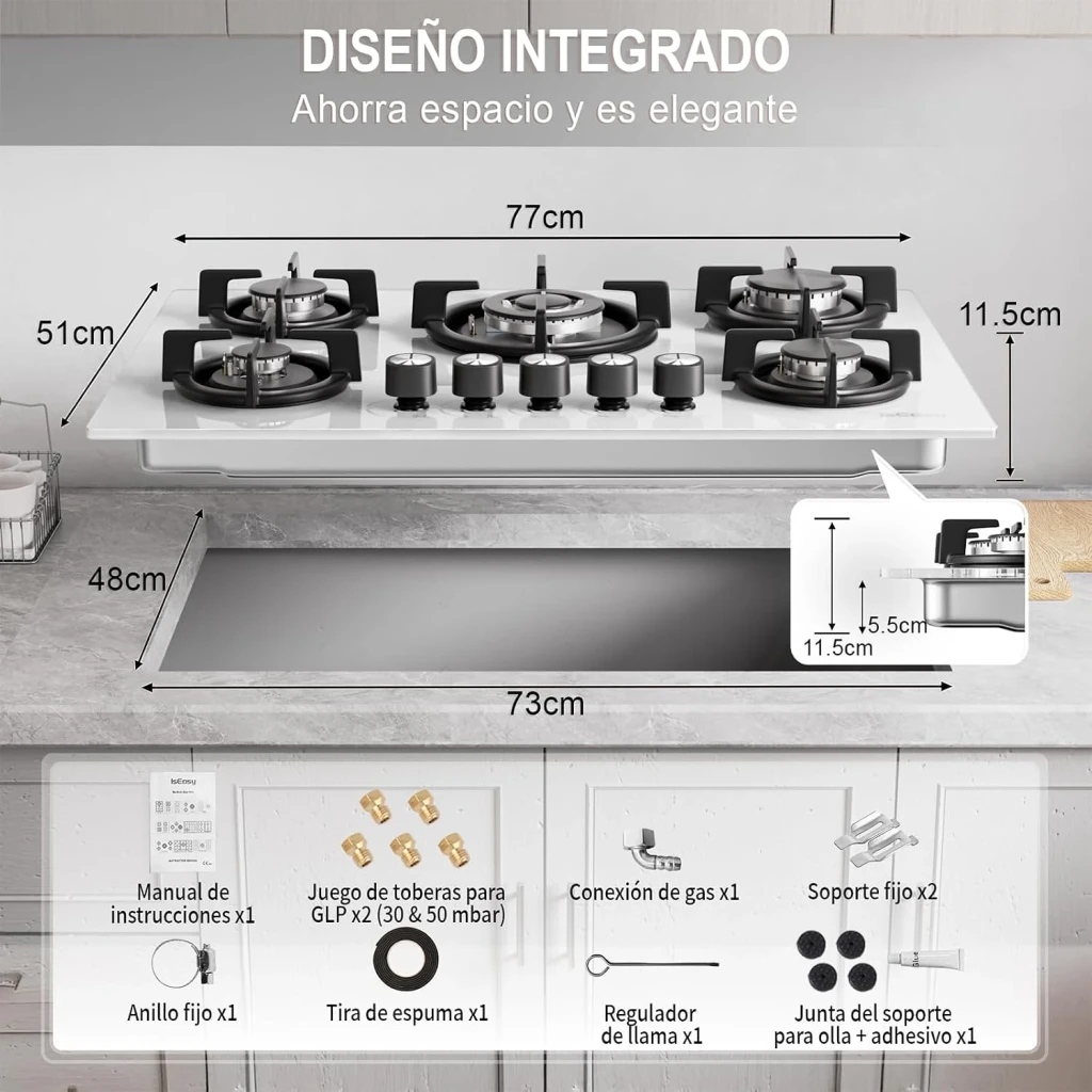Placa de gas Iseasy 10,5 kW Blanco MGBG-775, dimensiones: 77x51 cm integrada en encimera con accesorios incluidos