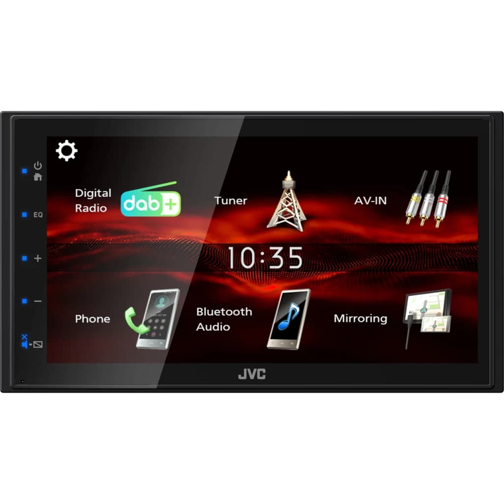 Auto-rádio JVC Preto 6,8 polegadas Táctil Bluetooth 5.0 KW-M180DBT, vista frontal: ecrã tátil com menu DAB+, Tuner, AV-IN