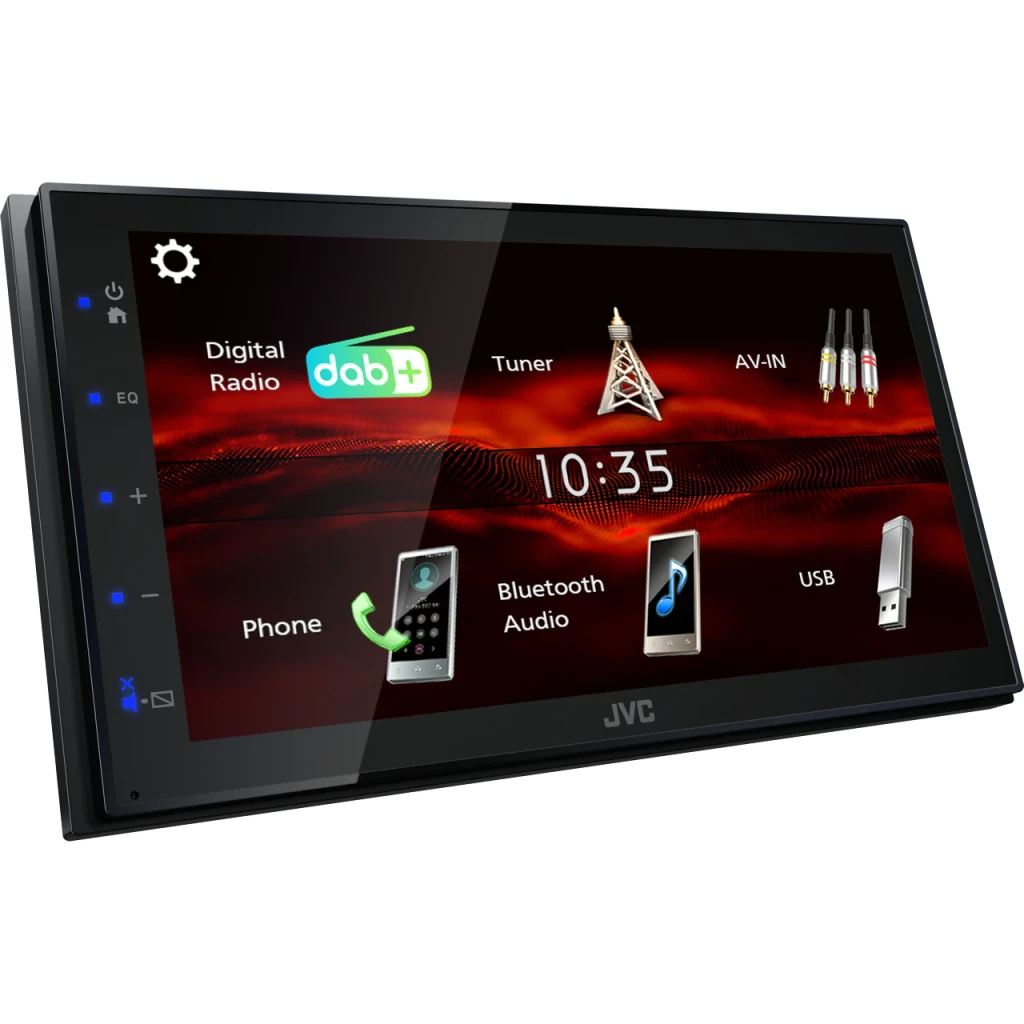 Auto-rádio JVC Preto 6,8 polegadas Táctil Bluetooth 5.0 KW-M180DBT, vista frontal em ângulo: ecrã com menu DAB+, Tuner