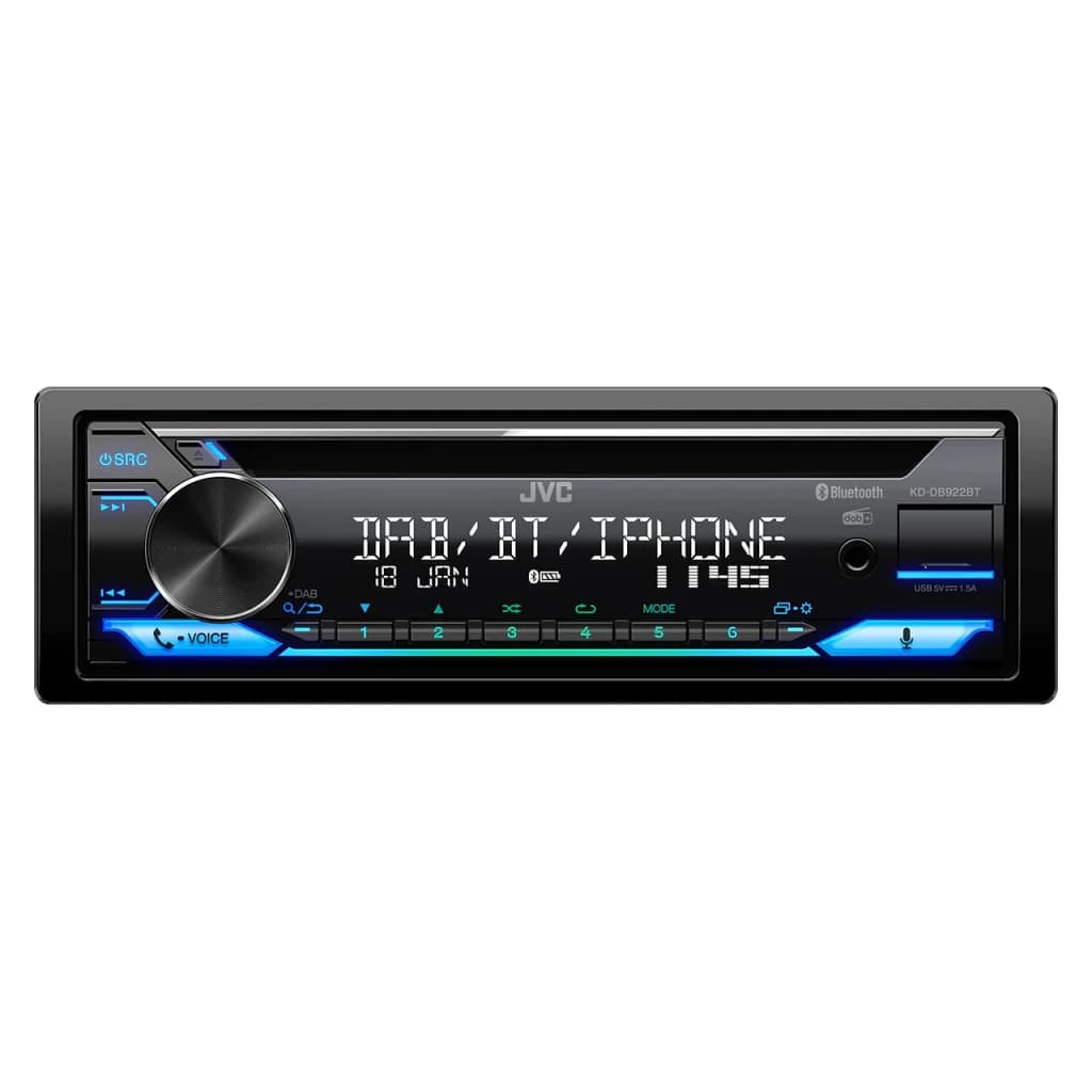 Autorradio JVC Negro 1 DIN Bluetooth 4.2 KD-DB922BT, vista frontal: pantalla encendida DAB/BT/IPHONE, botones iluminados