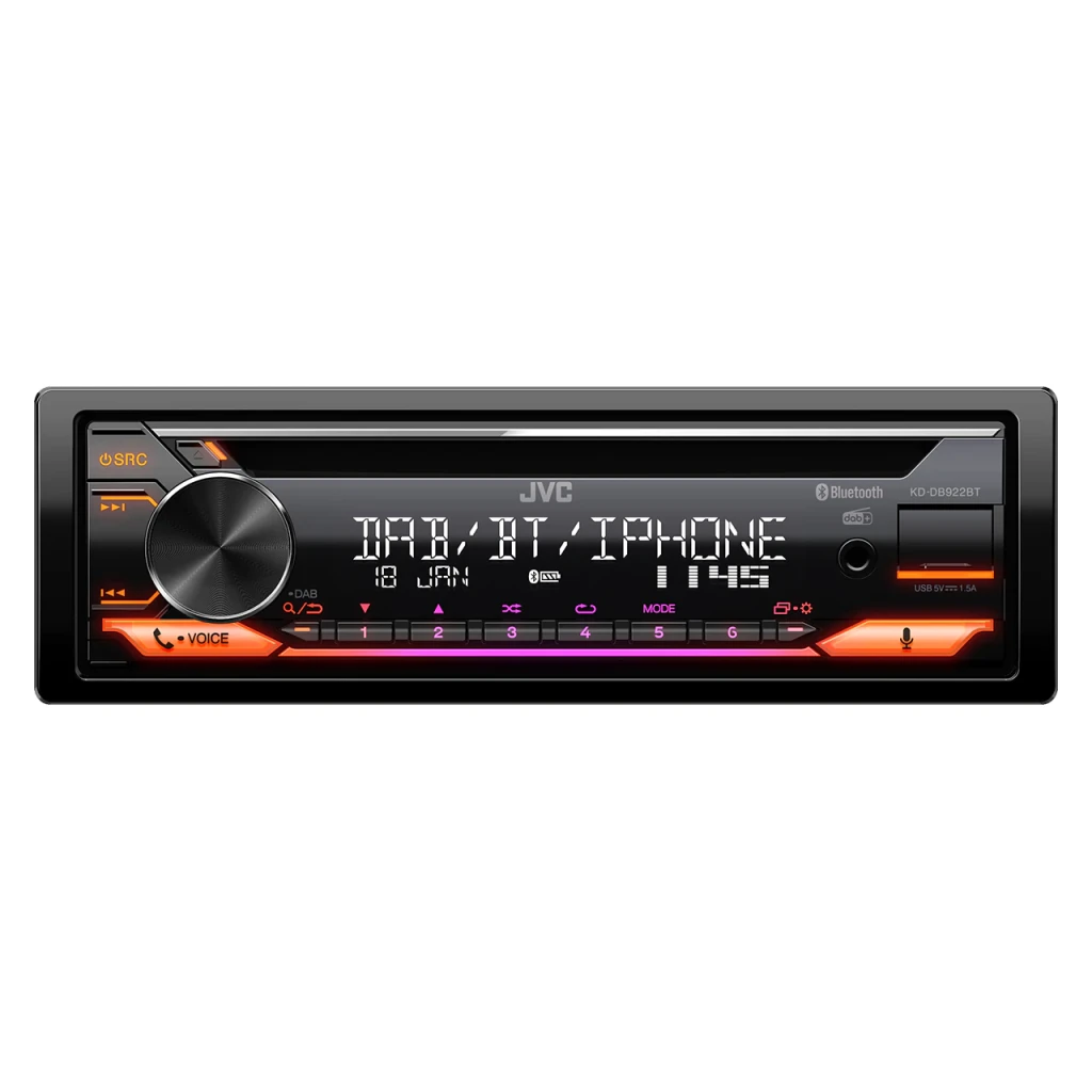 Autorradio JVC Negro 1 DIN Bluetooth 4.2 KD-DB922BT, vista frontal: pantalla encendida con DAB/BT/IPHONE y botones