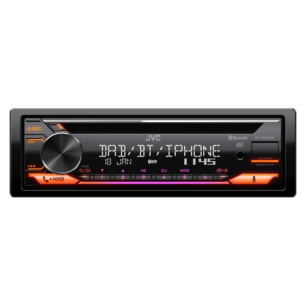 Autorradio JVC Negro 1 DIN Bluetooth 4.2 KD-DB922BT, vista frontal: pantalla encendida con DAB/BT/IPHONE y botones
