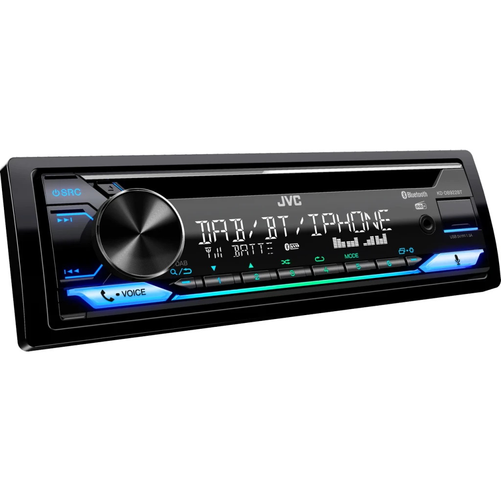 Autorradio JVC Negro 1 DIN Bluetooth 4.2 KD-DB922BT, vista en ángulo: pantalla encendida DAB/BT/iPhone con iluminación azul