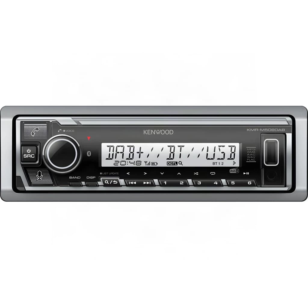 Autoradio marin Kenwood Noir 1DIN Bluetooth 4.2 KMR-M508DAB, vue avant: écran DAB+BT+USB, cadre argenté et boutons