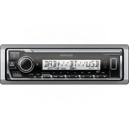 Autoradio marin Kenwood Noir 1DIN Bluetooth 4.2 KMR-M508DAB, vue avant: écran DAB+BT+USB, cadre argenté et boutons