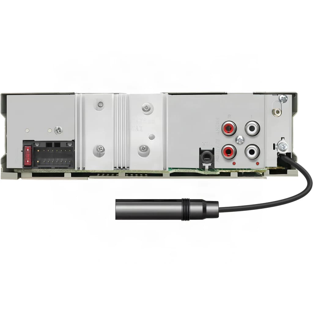 Autoradio marin Kenwood Noir 1DIN Bluetooth 4.2 KMR-M508DAB, vue arrière: sorties RCA, faisceau de câbles et antenne DAB