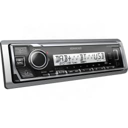 Autoradio marin Kenwood Noir 1DIN Bluetooth 4.2 KMR-M508DAB, vue en angle: écran LCD DAB+ BT USB, façade argentée et bouton