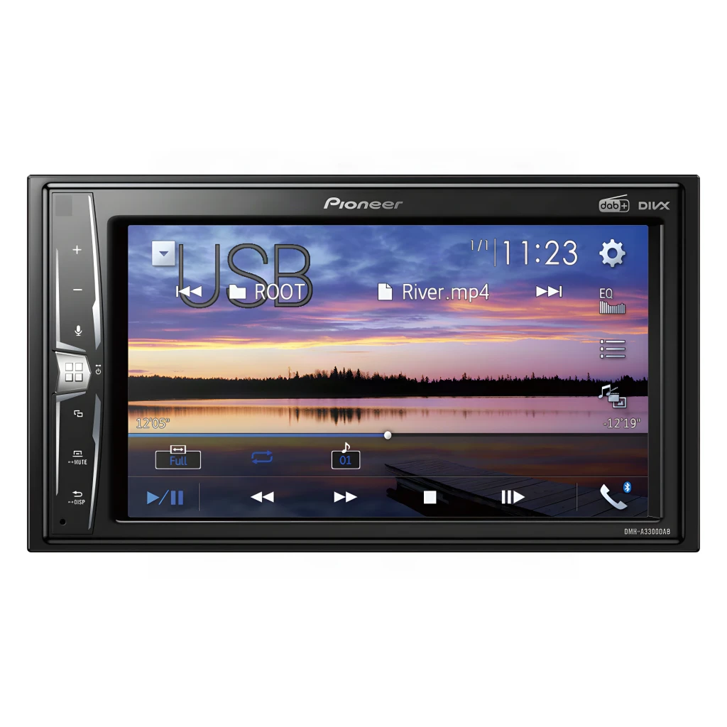 Autorradio Pioneer Negro 6.2 pulgadas Táctil 2 DIN DMH-A3300DAB, vista frontal: pantalla encendida con interfaz USB