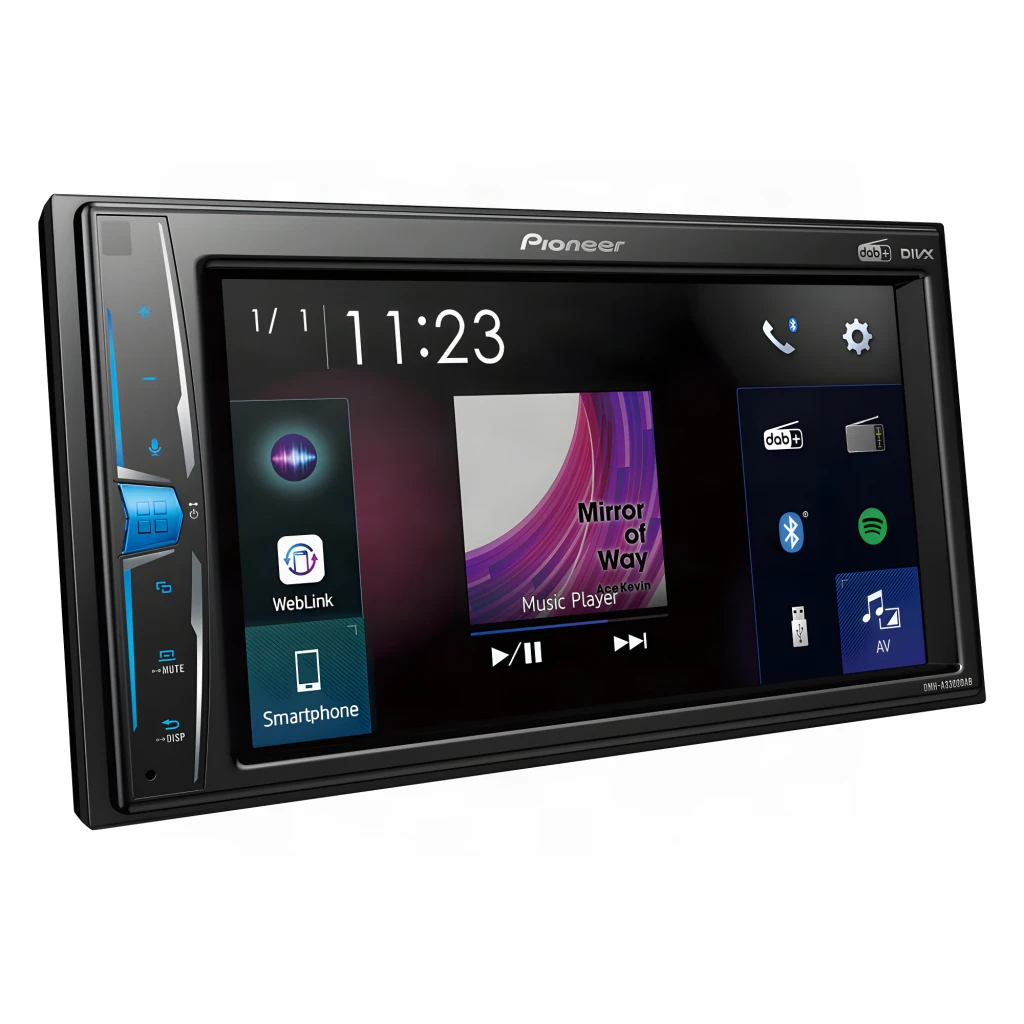 Autorradio Pioneer Negro 6.2 pulgadas Táctil 2 DIN DMH-A3300DAB, vista en ángulo: pantalla con reproductor, WebLink, Spotify