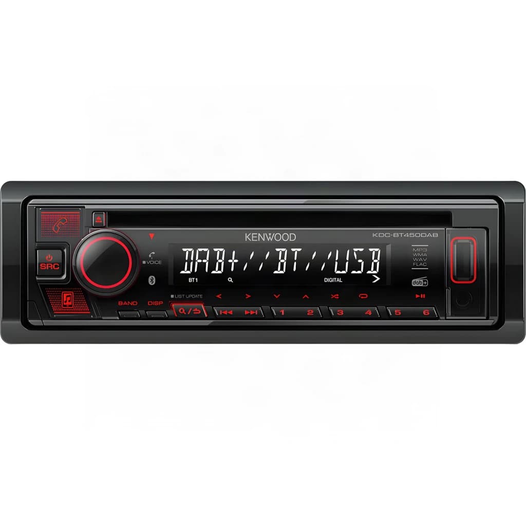 Autorradio Kenwood Negro Táctil 1 DIN Bluetooth 4.2 KDC-BT450DAB, vista frontal: pantalla DAB+/BT/USB iluminada en rojo