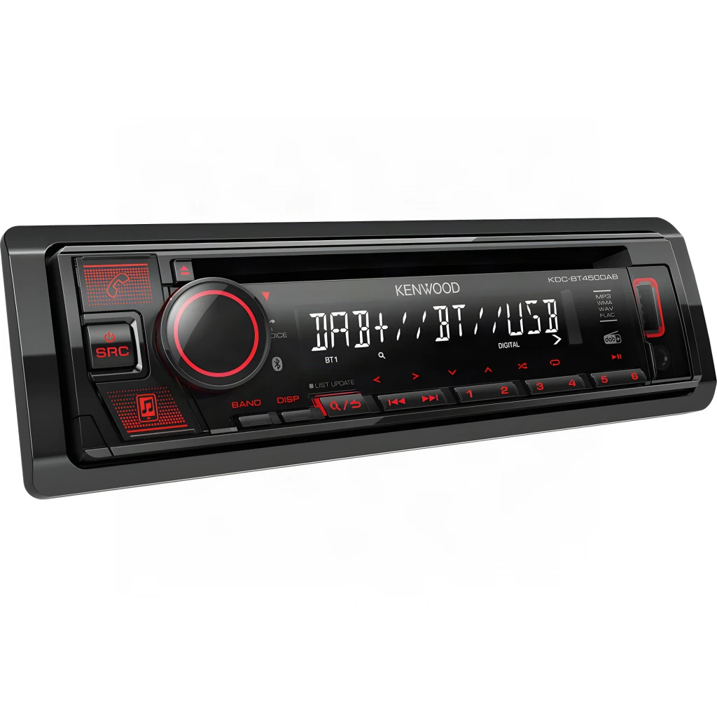 Autorradio Kenwood Negro Táctil 1 DIN Bluetooth 4.2 KDC-BT450DAB, vista en ángulo: pantalla con DAB+ BT USB y botones