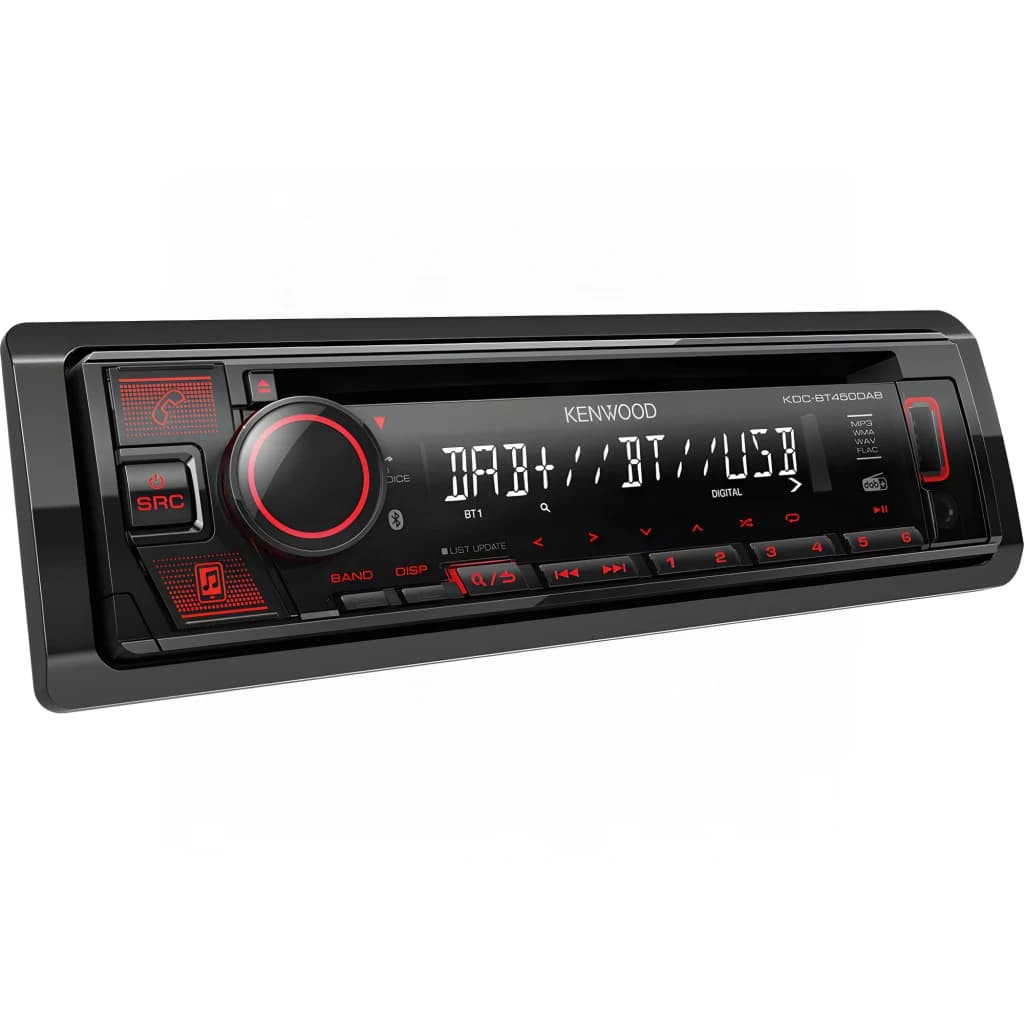 Autorradio Kenwood Negro Táctil 1 DIN Bluetooth 4.2 KDC-BT450DAB, vista en ángulo: pantalla con DAB+ BT USB y botones