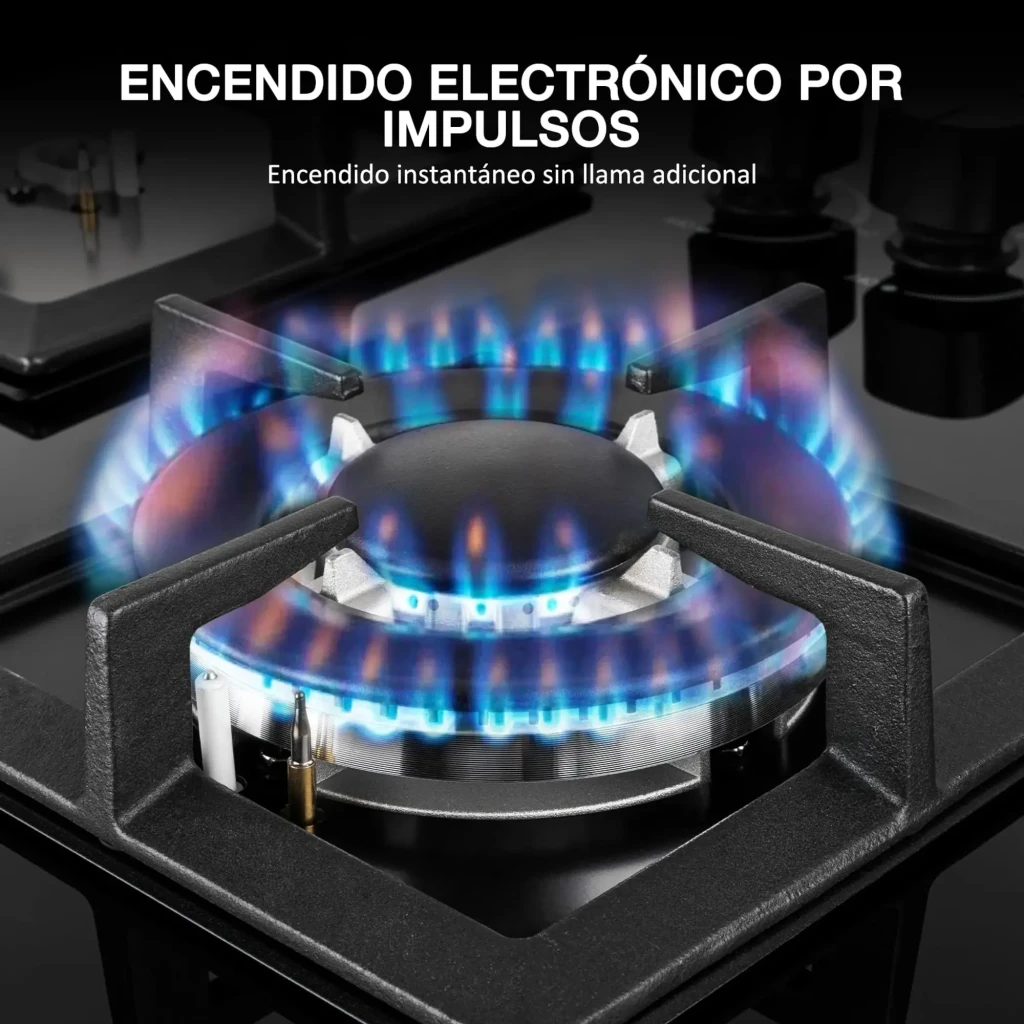 Placa de gas Iseasy 3,3 kW máx Plata MGBG-775S2, detalle quemador: llama azul encendida con encendido electrónico